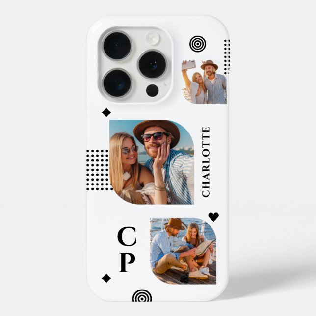 Monogram Name 3 Photo Collage Trendy Modern Case-Mate iPhone Case (Back)