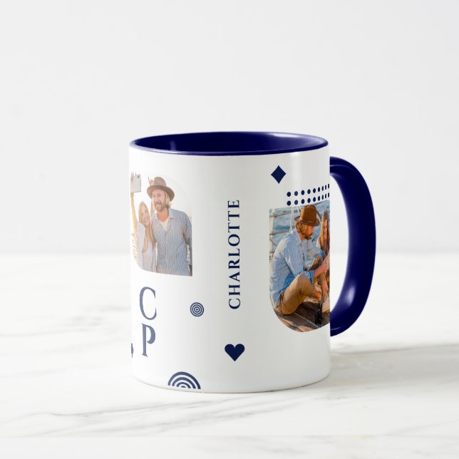 Monogram Name 3 Photo Collage Trendy Modern Coffee Mug (Front Right)