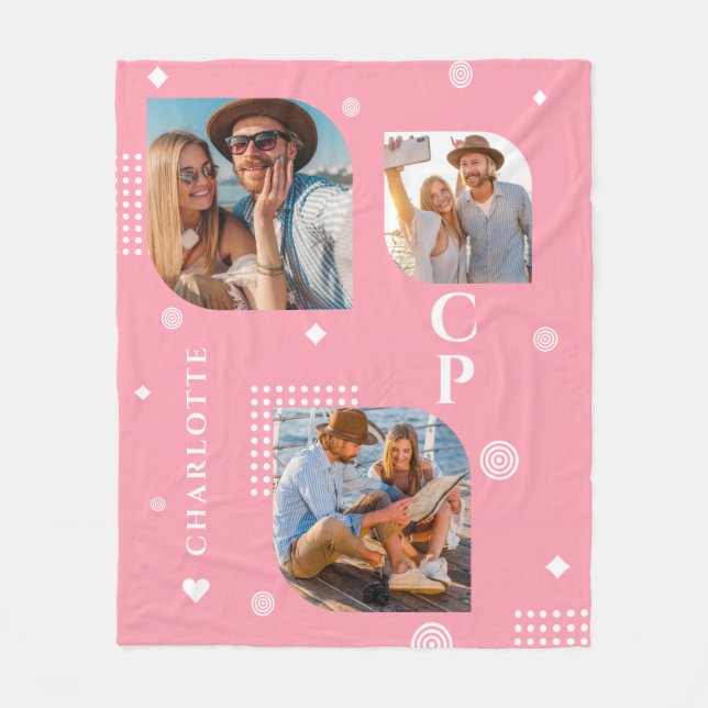 Monogram Name 3 Photo Collage Trendy Modern Fleece Blanket (Front)