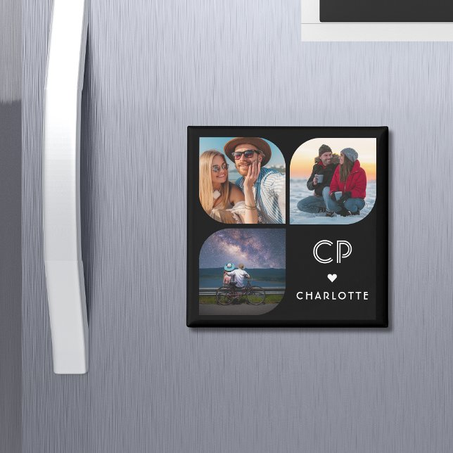 Monogram Name 3 Photo Modern Trendy Simple Magnet (Creator Uploaded)
