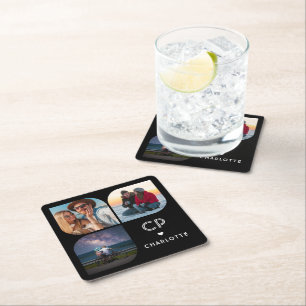 Monogram Name 3 Photo Modern Trendy Simple Square Paper Coaster