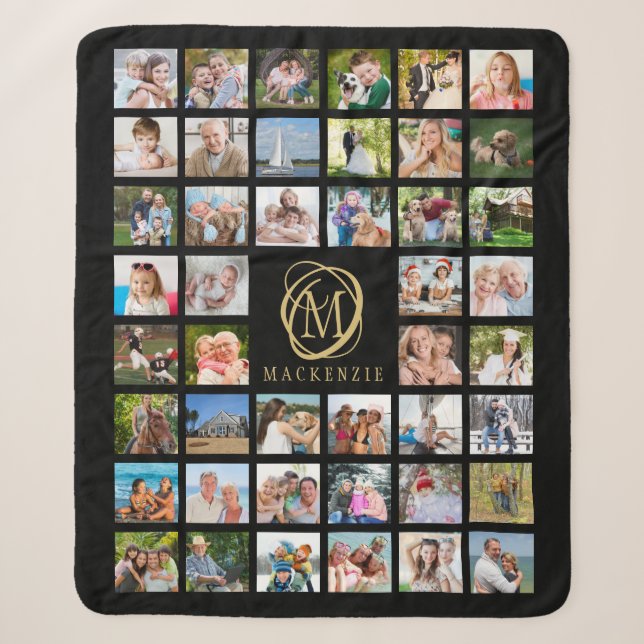 Monogram Name 44 Photo Collage Editable Black Gold Sherpa Blanket (Front)
