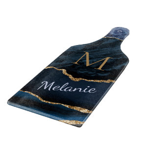 Monogram Name Agate Blue Gold Marble Cutting Board