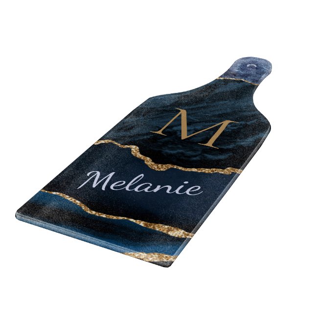 Monogram Name Agate Blue Gold Marble Cutting Board (Corner)