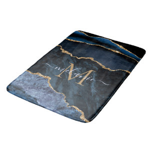 Monogram Name Agate Navy Blue Gold Bath Mat