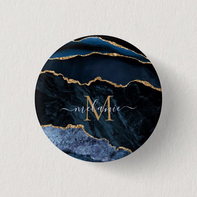 Monogram Name Agate Navy Blue Gold Gemstone Marble 1 Inch Round Button (Front)