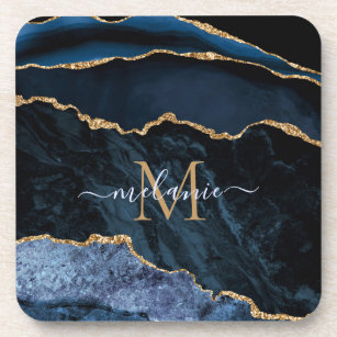 Monogram Name Agate Navy Blue Gold Gemstone Marble Coaster