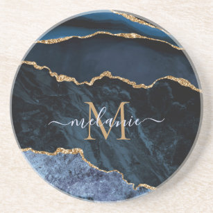 Monogram Name Agate Navy Blue Gold Gemstone Marble Coaster