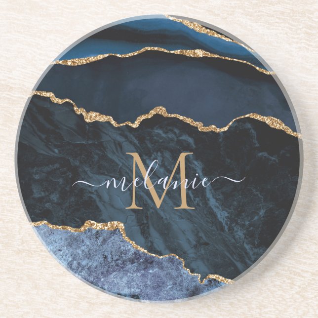 Monogram Name Agate Navy Blue Gold Gemstone Marble Coaster (Front)