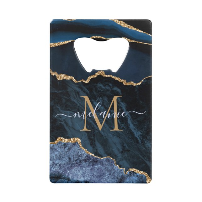 Monogram Name Agate Navy Blue Gold Gemstone Marble Credit Card Bottle Opener (Front)