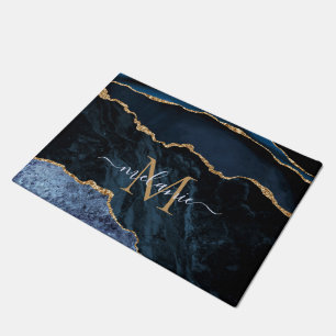 Monogram Name Agate Navy Blue Gold Gemstone Marble Doormat