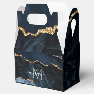 Monogram Name Agate Navy Blue Gold Gemstone Marble Favor Box