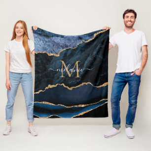 Monogram Name Agate Navy Blue Gold Gemstone Marble Fleece Blanket