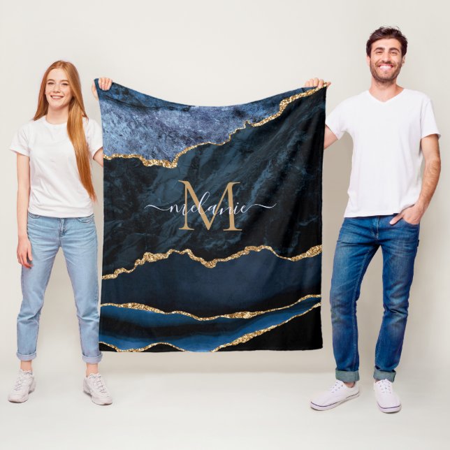 Monogram Name Agate Navy Blue Gold Gemstone Marble Fleece Blanket (In Situ)