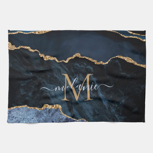 Monogram Name Agate Navy Blue Gold Gemstone Marble Kitchen Towel (Horizontal)