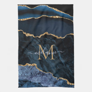 Monogram Name Agate Navy Blue Gold Gemstone Marble Kitchen Towel