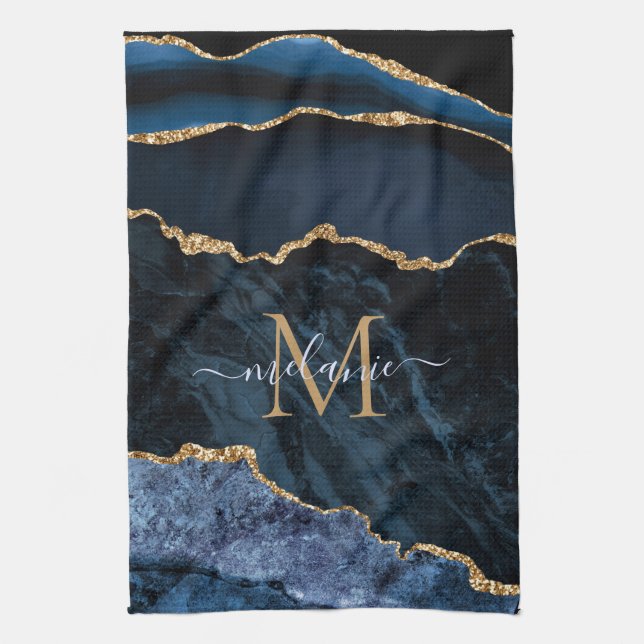 Monogram Name Agate Navy Blue Gold Gemstone Marble Kitchen Towel (Vertical)