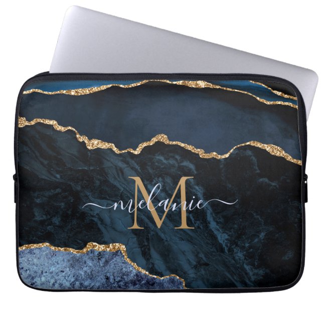 Monogram Name Agate Navy Blue Gold Gemstone Marble Laptop Sleeve (Front)
