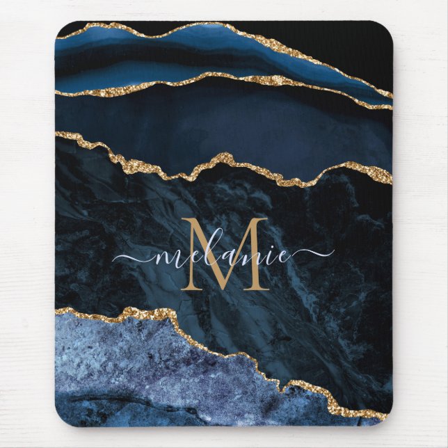 Monogram Name Agate Navy Blue Gold Gemstone Marble Mouse Pad (Front)
