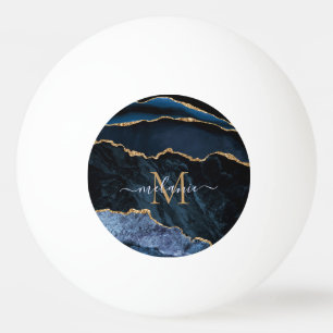 Monogram Name Agate Navy Blue Gold Gemstone Marble Ping Pong Ball