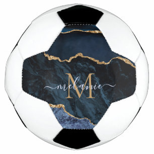Monogram Name Agate Navy Blue Gold Gemstone Marble Soccer Ball