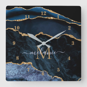 Monogram Name Agate Navy Blue Gold Gemstone Marble Square Wall Clock