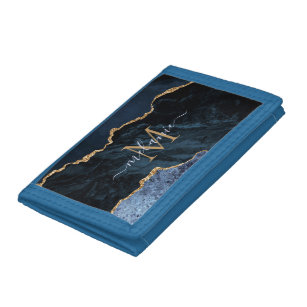 Monogram Name Agate Navy Blue Gold Gemstone Marble Trifold Wallet
