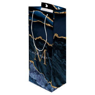 Monogram Name Agate Navy Blue Gold Gemstone Marble Wine Gift Bag