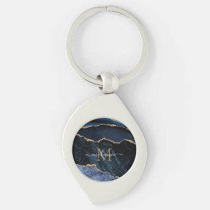 Monogram Name Agate Navy Blue Gold Keychain