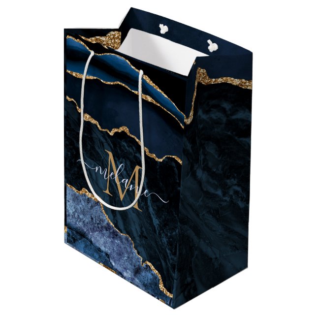Monogram Name Agate Navy Blue Gold Marble Gift Bag (Back Angled)