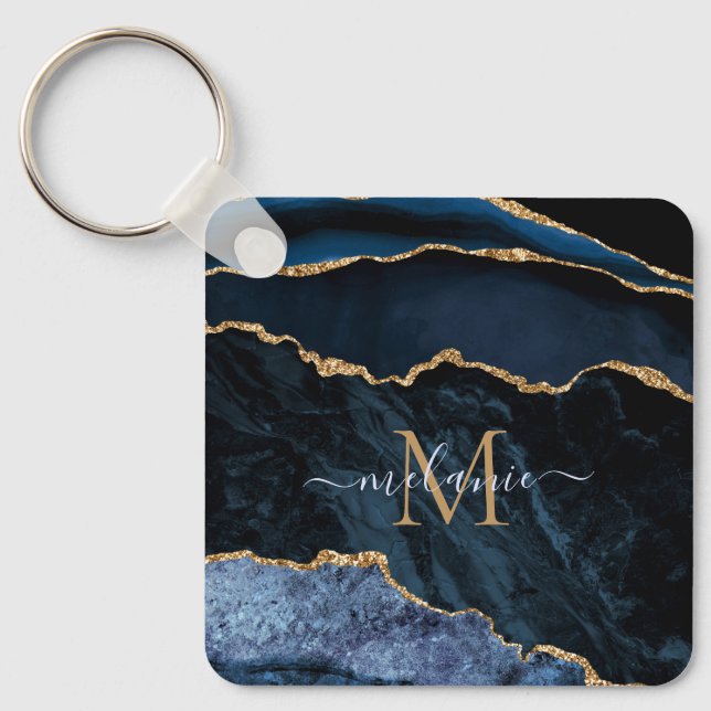Monogram Name Agate Navy Blue Gold Marble Keychain (Front)