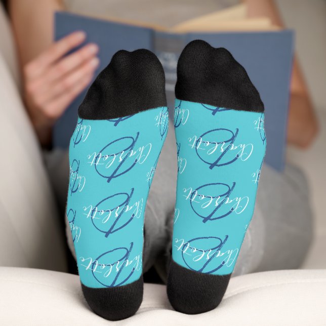 Monogram name and initial white aqua blue socks (Bottom)