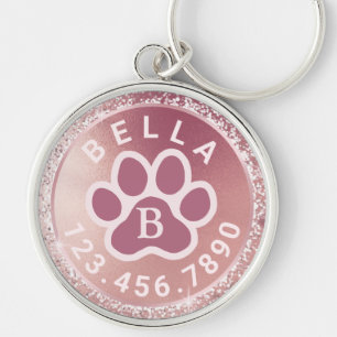 Monogram Name and Phone   Rose Gold Round Pet Tag Keychain