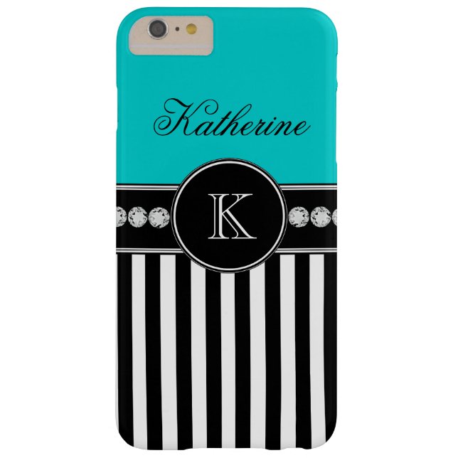 Monogram Name Aqua Black Striped Pattern Case-Mate iPhone Case (Back)