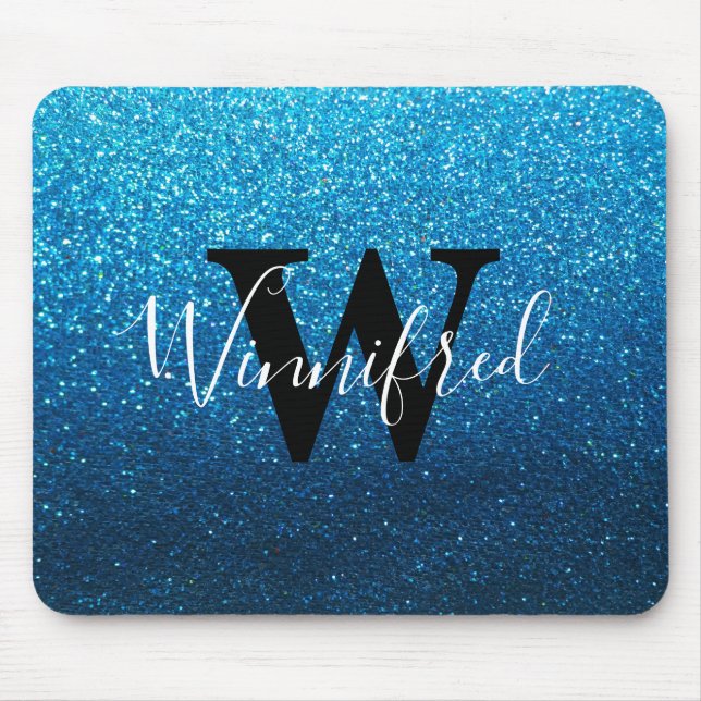 Monogram Name Baby Blue Ombre Glitter Sparkles Mouse Pad (Front)