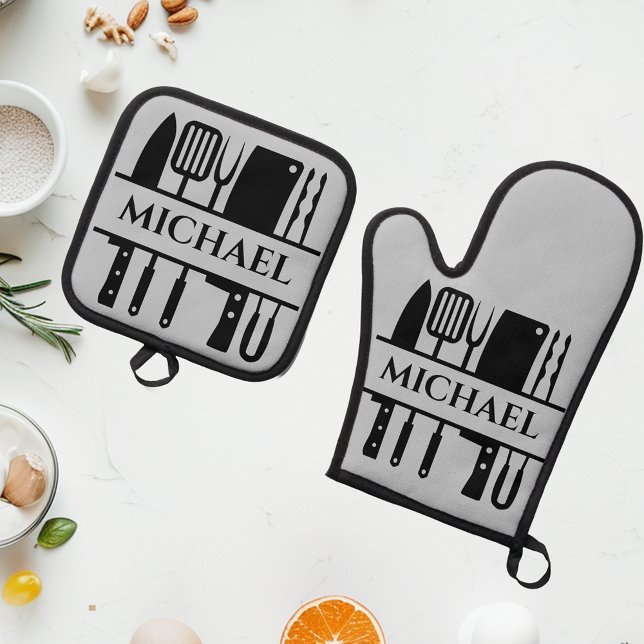 Monogram Name BBQ Chef Cook Grilling Oven Mitt & Pot Holder Set (Creator Uploaded)