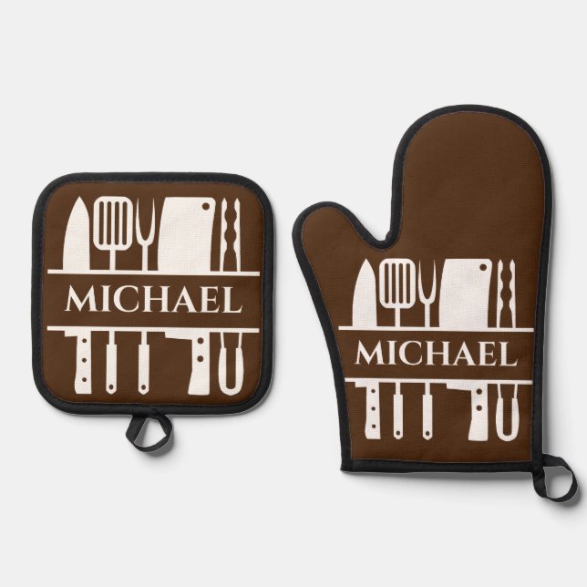 Monogram Name BBQ Chef Cook Grilling Oven Mitt & Pot Holder Set (Front)