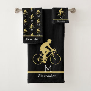 Monogram Name Bicycle Gold Black Bath Towel Set