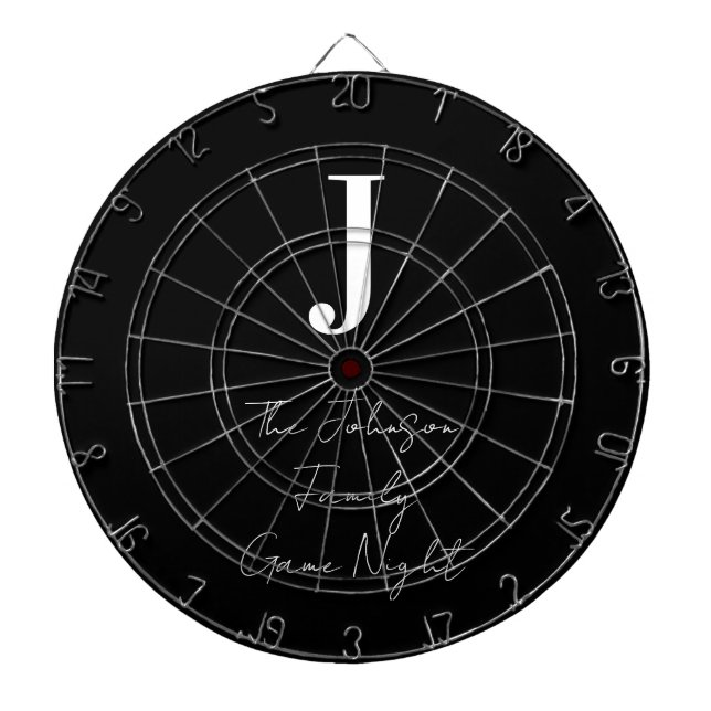 Monogram Name Black and White Family Game Night Dartboard (Front)
