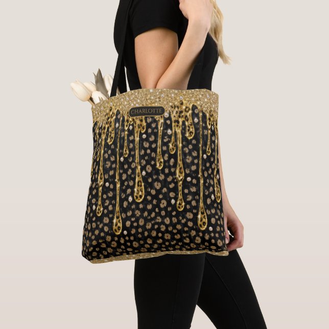 Monogram Name Black Gold Dripping Glitter Glam  Tote Bag (Close Up)