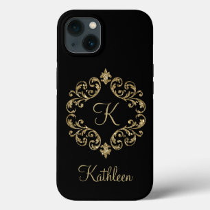 Monogram Name Black Gold Glitter Damask Flourish iPhone 13 Case