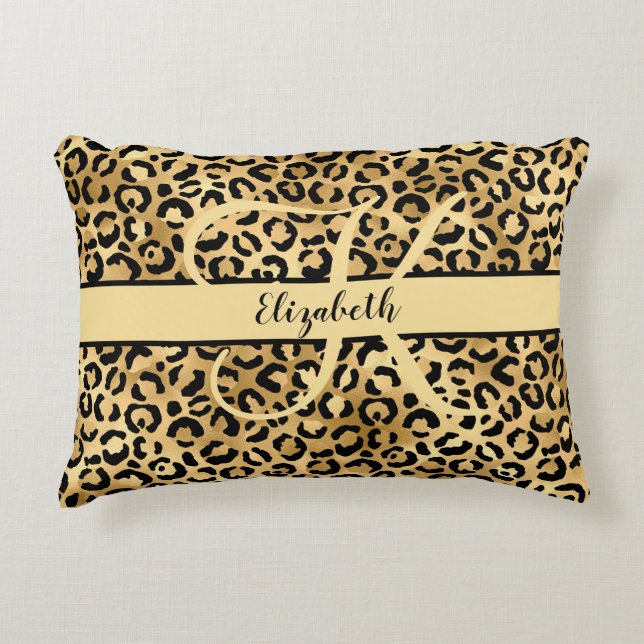 Monogram Name Black Gold Leopard Cheetah Print  Accent Pillow (Front)