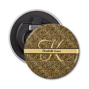 Monogram Name Black Gold Leopard Print Cheetah Bottle Opener