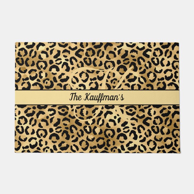 Monogram Name Black Gold Leopard Print Cheetah   Doormat (Front)