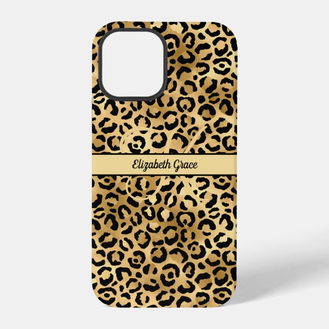 Monogram Name Black Gold Leopard Print Cheetah iPhone Case (Back)