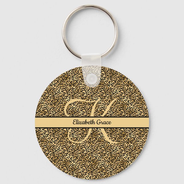 Monogram Name Black Gold Leopard Print Cheetah  Keychain (Front)