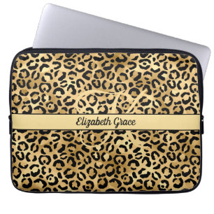 Monogram Name Black Gold Leopard Print Cheetah Laptop Sleeve