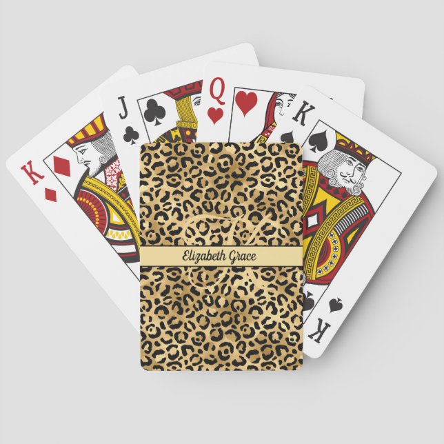 Monogram Name Black Gold Leopard Print Cheetah  Playing Cards (Back)