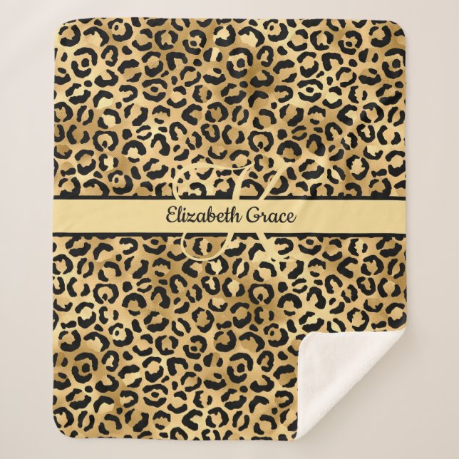 Monogram Name Black Gold Leopard Print Cheetah Sherpa Blanket (Front)
