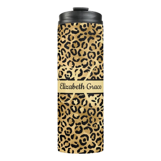 Monogram Name Black Gold Leopard Print Cheetah Thermal Tumbler (Front)